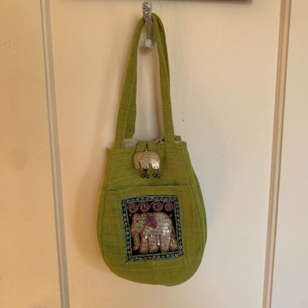 Hemp Elephant Embellished Handbag Thailand Lime Green Charm Embroidered Sequin